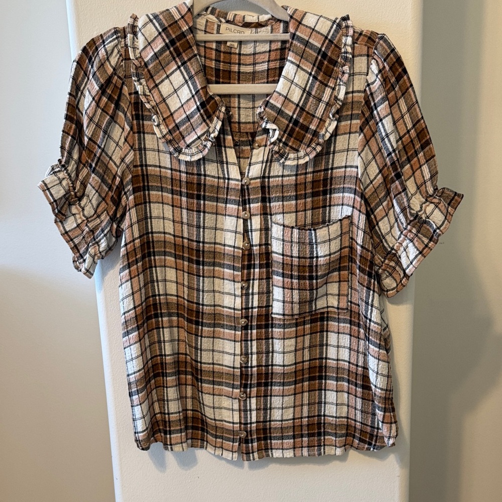 Anthropologie Pilcro Brown Cream Plaid Button-Down Shirt